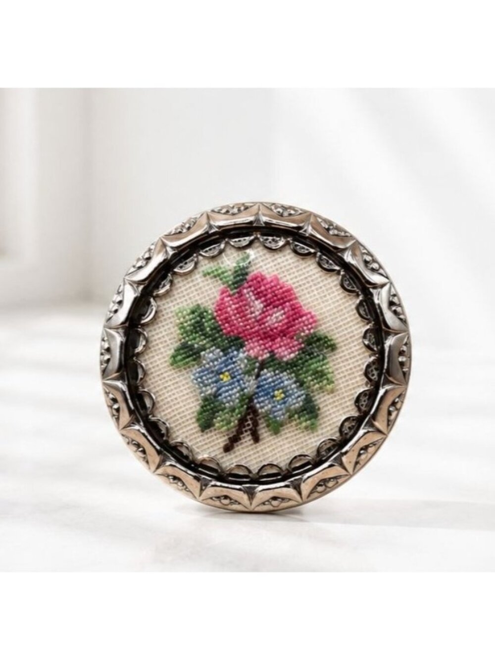Handmade Vintage Floral Embroidered Brooch With Silver-Tone Frame - 1.5" Diamete